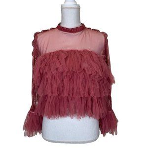 Impulse Mauve Pink Sheer Mesh Ruffle Blouse Romantic Boho Top